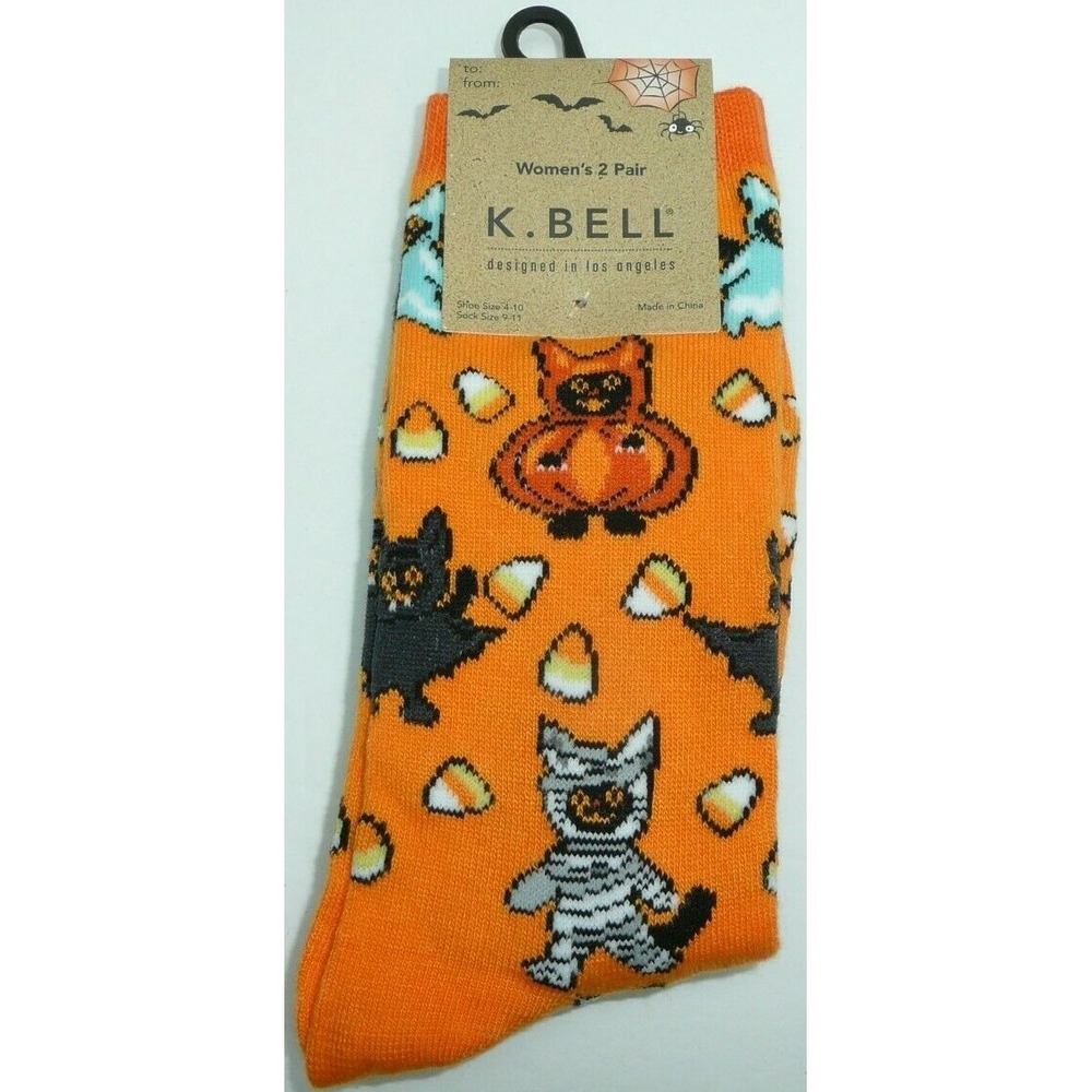 Cats in Halloween Costumes Socks 2 Pairs Crew Womens Set Candy Corn Bat Pumpkin